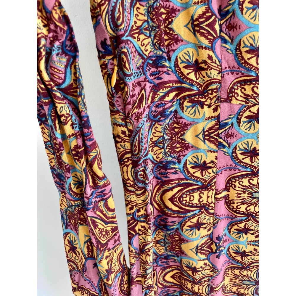 Free People Ossie Vibes Bell Sleeve Paisley Mini Shift Dress Gold Brown Sz 2 - Picture 5 of 6